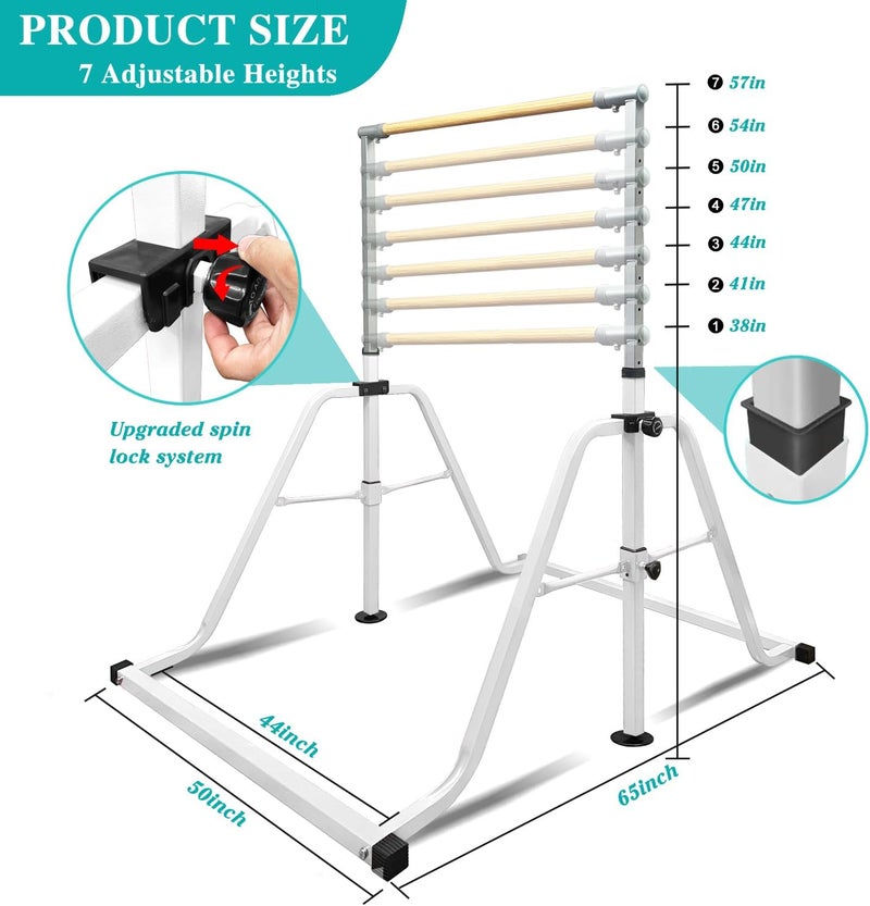kechery Foldable & Moveable Gymnastics Horizontal Bar with Rings,3’to 5’Adjustable Height Expandable Junior Kip Bar for Home,Indoor Gym Equipment for Kids - Image 4